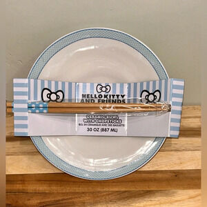 HELLO KITTY AND FRIENDS CERAMIC BOWL WITH CHOPSTICKS. MADE BY SANRIO. NWTS!
